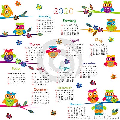 2020 Calendar with cartoon owls Vector Illustration