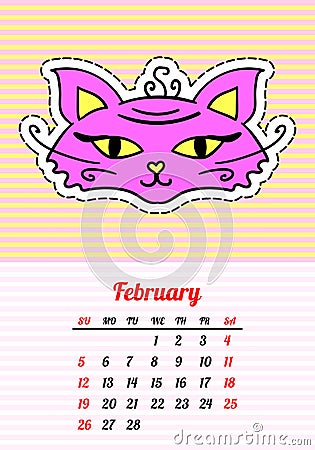 Calendar 2017 with cats. February. In cartoon 80s-90s comic style fashion Vector Illustration