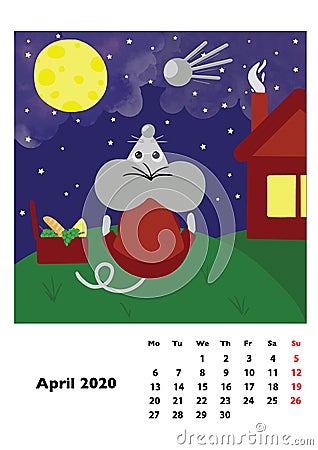 Children calendar 2020 for April, with main hero rat or mouse, a symbol of the new year. The week starts on Monday. Cartoon style Vector Illustration