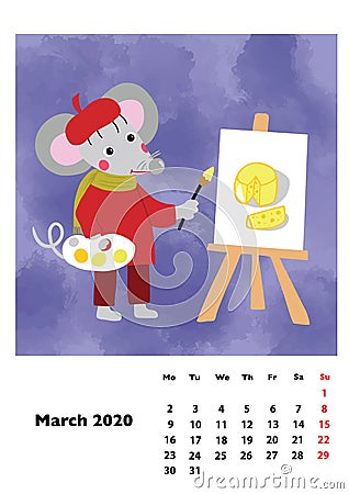 Children calendar 2020 for March, with main hero rat or mouse, a symbol of the new year. The week starts on Monday. Cartoon style Vector Illustration