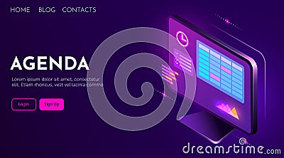 Calendar and clock on computer screen. Schedule concepts. Modern futuristic design graphic elements. Vector Illustration