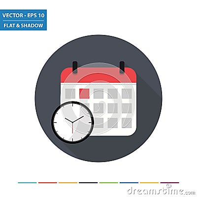 Calendar and clock - time flat icon with long shadow Vector Illustration