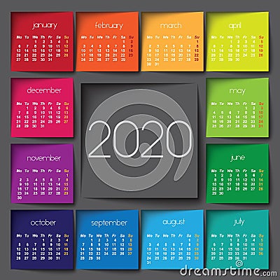 2020 calendar. Color post it Vector Illustration