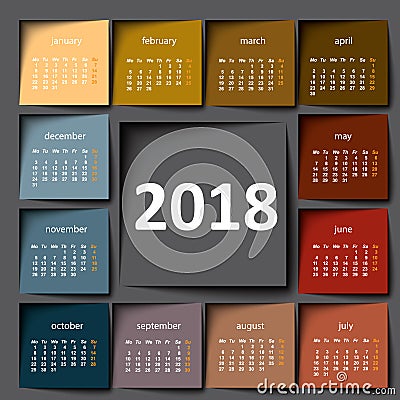 2018 calendar. Color post it Vector Illustration