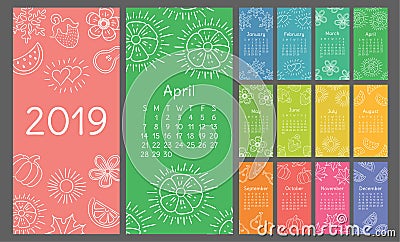 Calendar 2019 colorful hand drawn sketch. Flower, heart, leaf, strawberry, watermelon, sun, snowflake, pumpkin, pear Cartoon Illustration