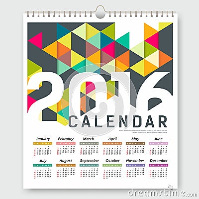 Calendar 2016 colorful triangle geometric design Vector Illustration