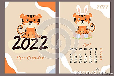 Calendar and cover for April 2022. Cute Easter tiger cub with bunny ears and Easter eggs. Year of the Tiger in Chinese or oriental Vector Illustration