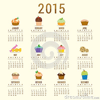 Calendar 2015 Cupcake Cartoon Cute Vector Vector Illustration