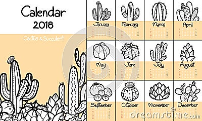 Calendar 2018 with cute cactus and succulents in black outline a Vector Illustration