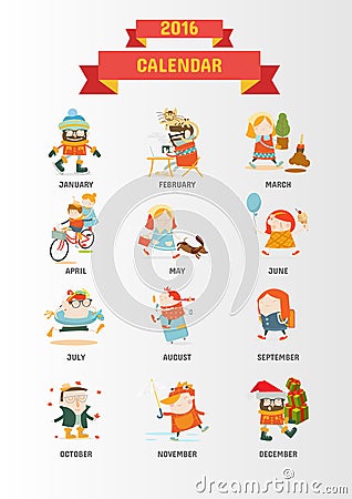 Calendar 2016 with cute cartoon characters Vector Illustration