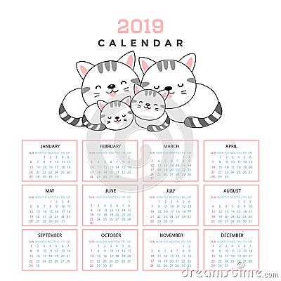 Calendar 2019 with cute cats. Vector Illustration