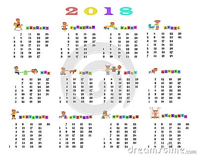 Calendar 2018 with cute children Vector Illustration