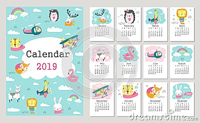 Calendar 2019 with cute forest animals. Hand drawn vector Vector Illustration