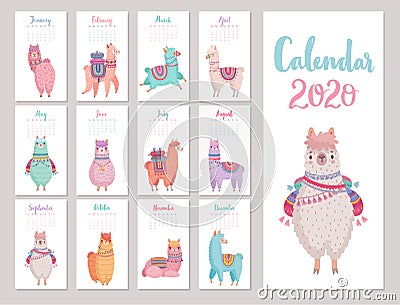 Calendar 2020 with Cute Llamas. Colorful alpacas Vector Illustration