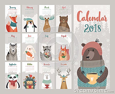 Calendar 2018. Cute monthly calendar with forest animals. Vector Illustration