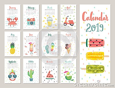 Calendar 2019. Cute monthly calendar with lifestyle objects, fruits, and plants. Vector Illustration