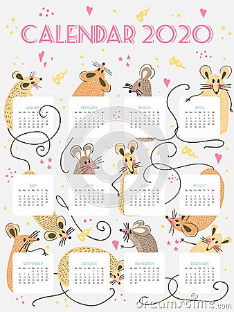 Calendar 2020. Cute monthly calendar with rat. Hand drawn style characters. Year of the rat.n Vector Illustration