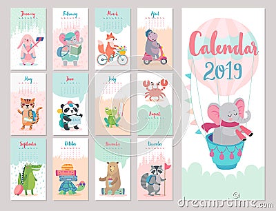 Calendar 2019. Cute monthly calendar with forest animals. Vector Illustration