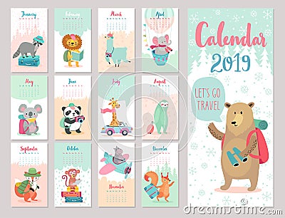 Calendar 2019. Cute monthly calendar with forest animals. Vector Illustration