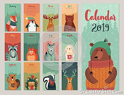 Calendar 2019. Cute monthly calendar with forest animals. Hand drawn style characters. Vector Illustration