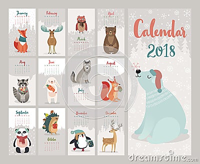 Calendar 2018. Cute monthly calendar with forest animals. Vector Illustration