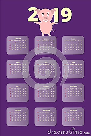 2019 wall calendar with cute pig. Vector illustration Cartoon Illustration