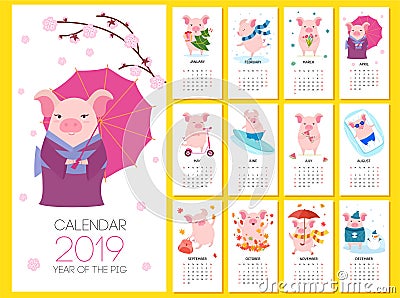 Calendar 2019 with cute pigs. Vector illustration. Vector Illustration