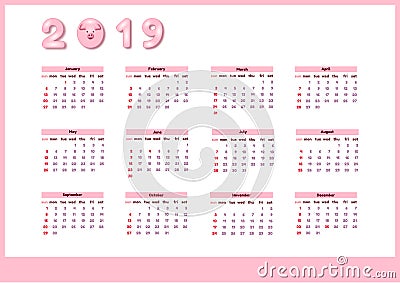 Calendar for 2019 with cute pink color pig. Vector vertical editable template. Week starts on Sunday. Vector Illustration