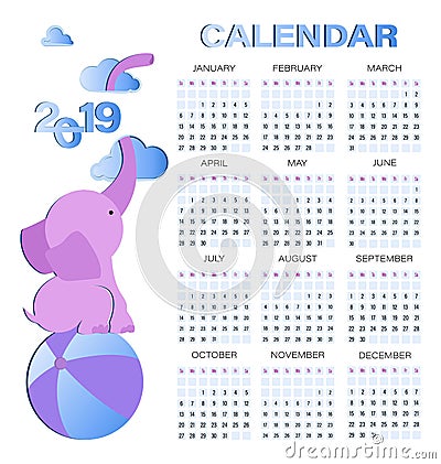 CALENDAR 2019 with a cute pink elephant and clouds. Vector Illustration