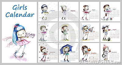 Calendar for 2019 with cute season girl. Sketch girls illustrati Stock Photo