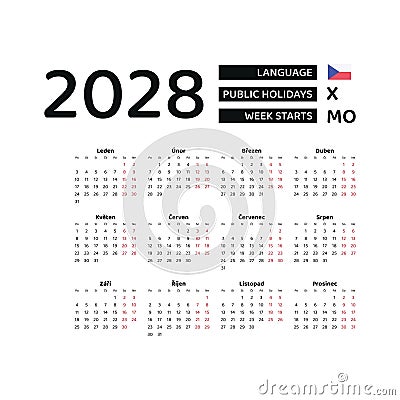 Calendar 2028 Czech language with Czech public holidays. Vector Illustration