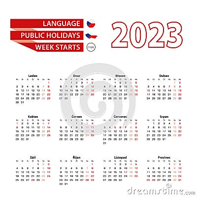 Calendar 2023 in Czech language with public holidays the country of Czech Republic in year 2023 Vector Illustration