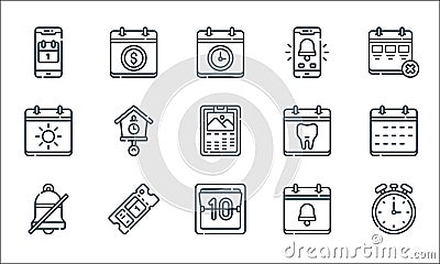 Calendar and date line icons. linear set. quality vector line set such as chronometer, calendar, mute, reminder, ticket, summer, Vector Illustration