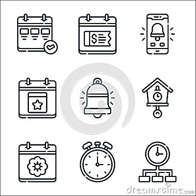 Calendar and date line icons. linear set. quality vector line set such as time management, chronometer, spring, clock, bell, event Vector Illustration