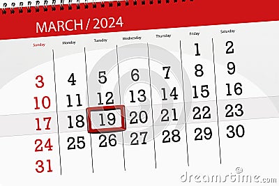 Calendar 2024, deadline, day, month, page, organizer, date, March, tuesday, number 19 Stock Photo