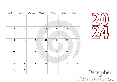 Calendar for December 2024 in modern design, planner template Vector Illustration