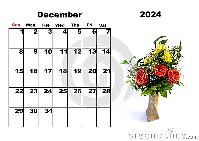 Calendar for 2024, December, with photo of flowers Stock Photo
