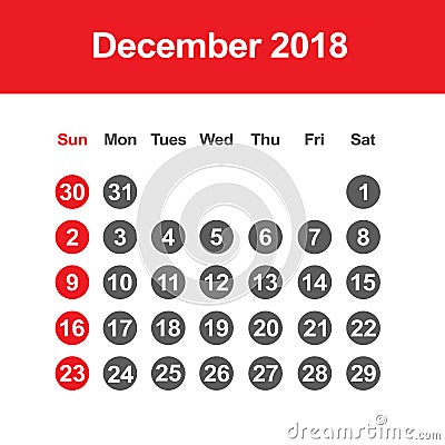 Calendar for December 2018 Vector Illustration