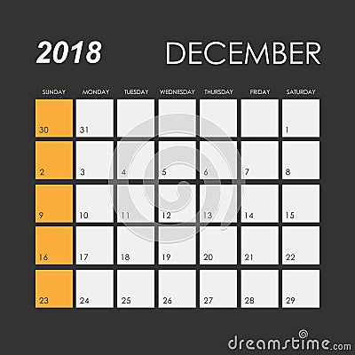 Calendar for December 2018 Vector Illustration