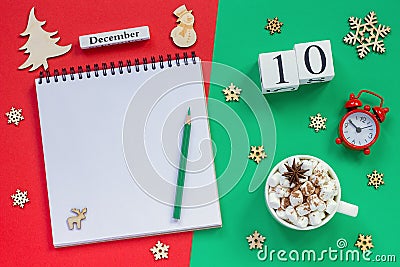 calendar December 10th cup cocoa and marshmallow, empty open notepad Stock Photo