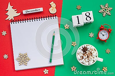 calendar December 18th cup cocoa and marshmallow, empty open notepad Stock Photo
