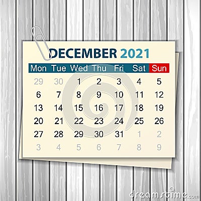 Calendar December 2021 on wood Vector Illustration
