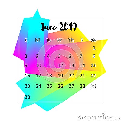 2019 Calendar design concept. June 2019. Vector Illustration