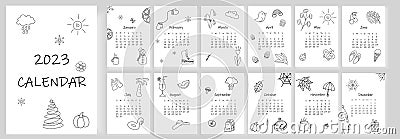 2023 calendar design. Doodle calendar planner minimal style, annual organizer. Vector Illustration