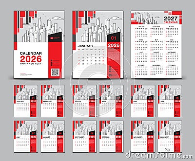 Calendar 2026-2027 design set and red cover calendar 2027 template, Week starts Sunday, Wall calendar 2027 year, set desk calendar Vector Illustration