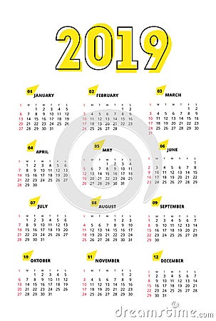 Calendar Design For 2019 Vector Illustration