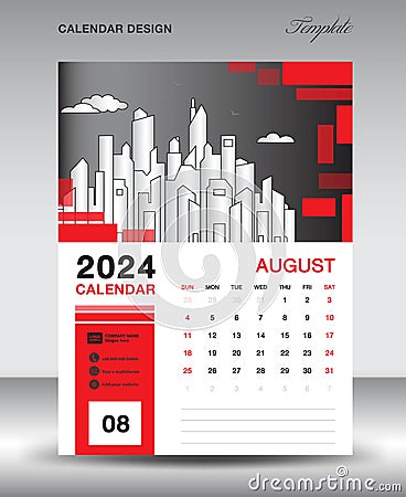 Calendar 2024 design template- August 2024 year layout, vertical calendar design, Desk calendar template, Wall calendar 2024 Vector Illustration
