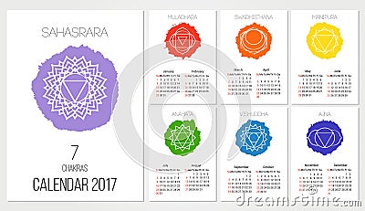 Calendar 2017 design template with 7 chakras set of 12 months , the symbol of Hinduism, Buddhism. Vector Illustration