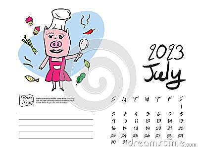 Calendar 2023 design template with Cute Pig vector illustration, July 2023 artwork, Lettering, Desk calendar 2023 layout, planner Vector Illustration