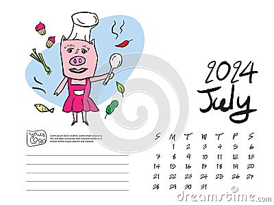 Calendar 2024 design template with Cute Pig vector illustration, July 2024, Lettering, Desk calendar 2024 layout, planner, wall Vector Illustration